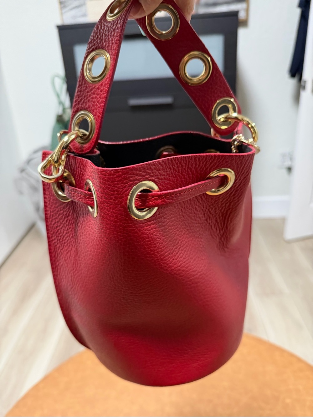 Red Leather Bucket Bag with Gold Hardware - Women Bags.